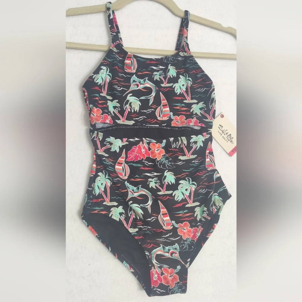 Salt Life Ocean Drift Youth One Piece Swimsuit Size Y10 Color Black‎